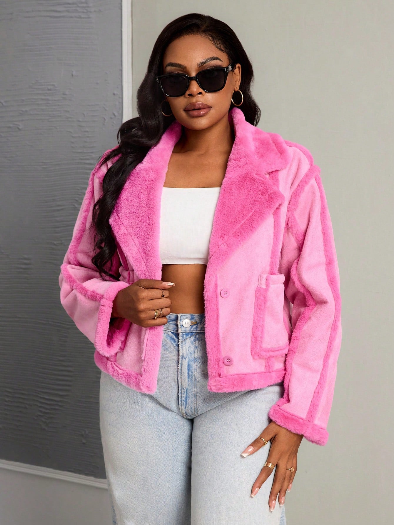 Plus Size Casual Street Style Long Sleeve Cropped Patch Pocket Jacket, Pink, Autumn/Winter