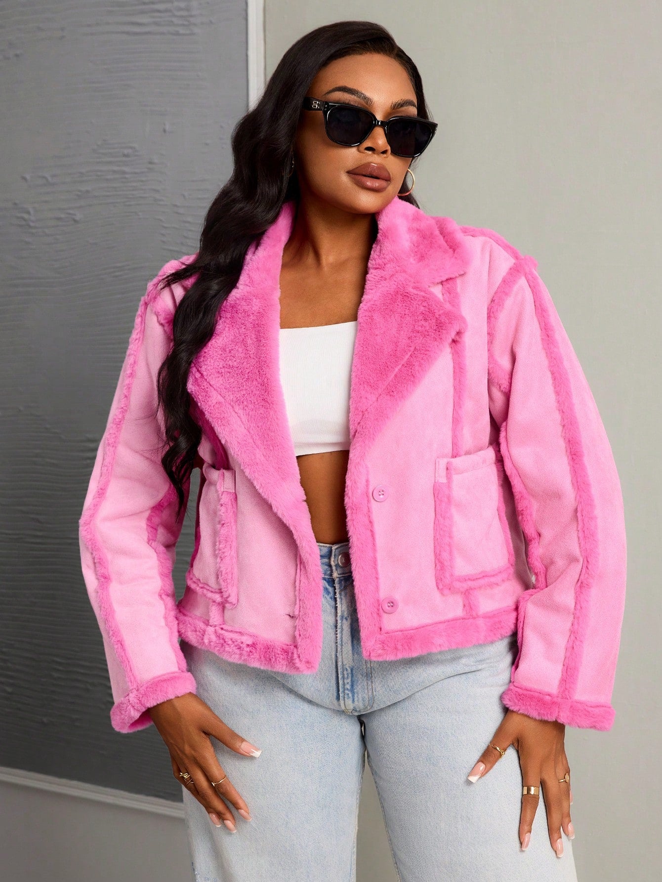 Plus Size Casual Street Style Long Sleeve Cropped Patch Pocket Jacket, Pink, Autumn/Winter