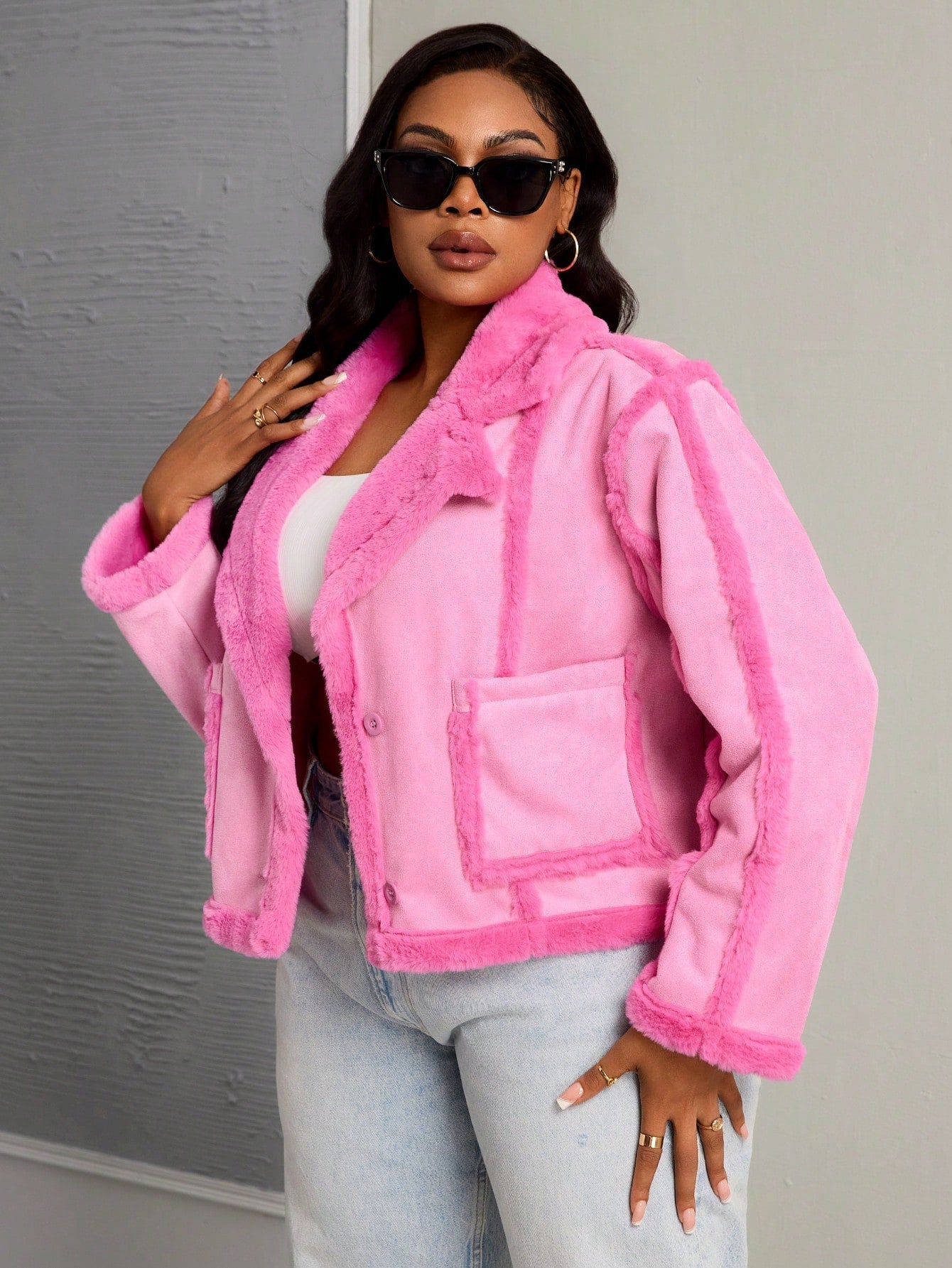 Plus Size Casual Street Style Long Sleeve Cropped Patch Pocket Jacket, Pink, Autumn/Winter