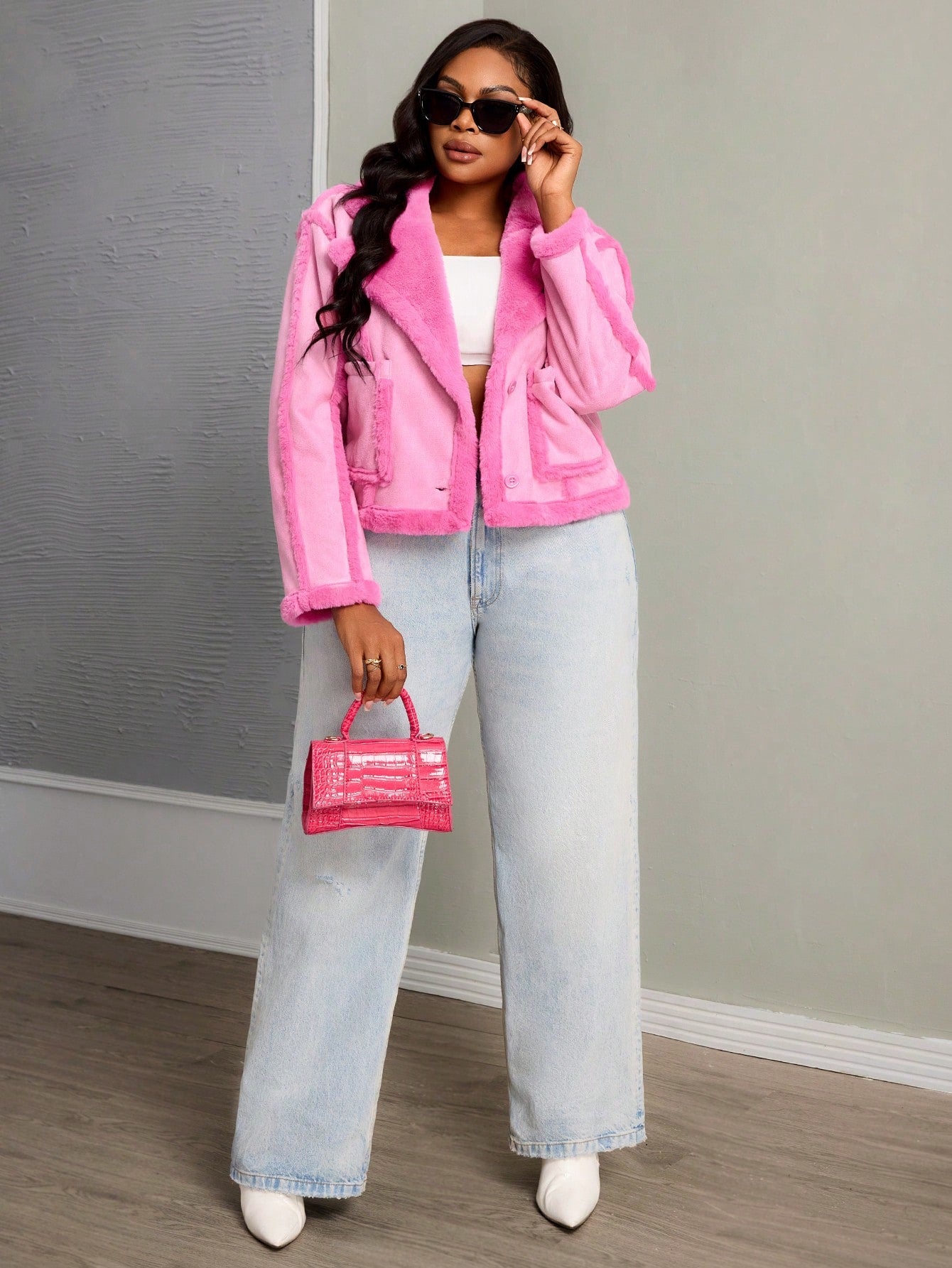 Plus Size Casual Street Style Long Sleeve Cropped Patch Pocket Jacket, Pink, Autumn/Winter