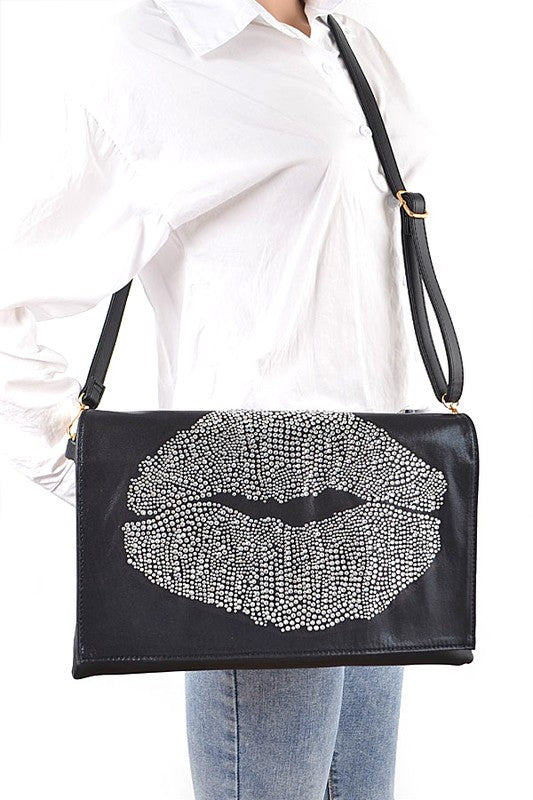 Oversize Rhinestone Lips Convertible Clutch