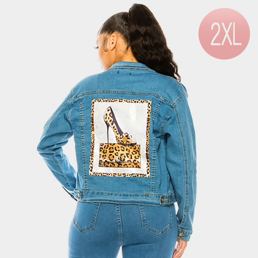 Fashion Leopard Patterned Stiletto Heel Back Denim Jacket